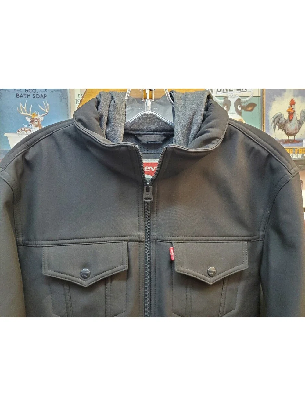 Levi's Men's Black Softshell Jacket Mesh Lined Hooded Trucker Coat